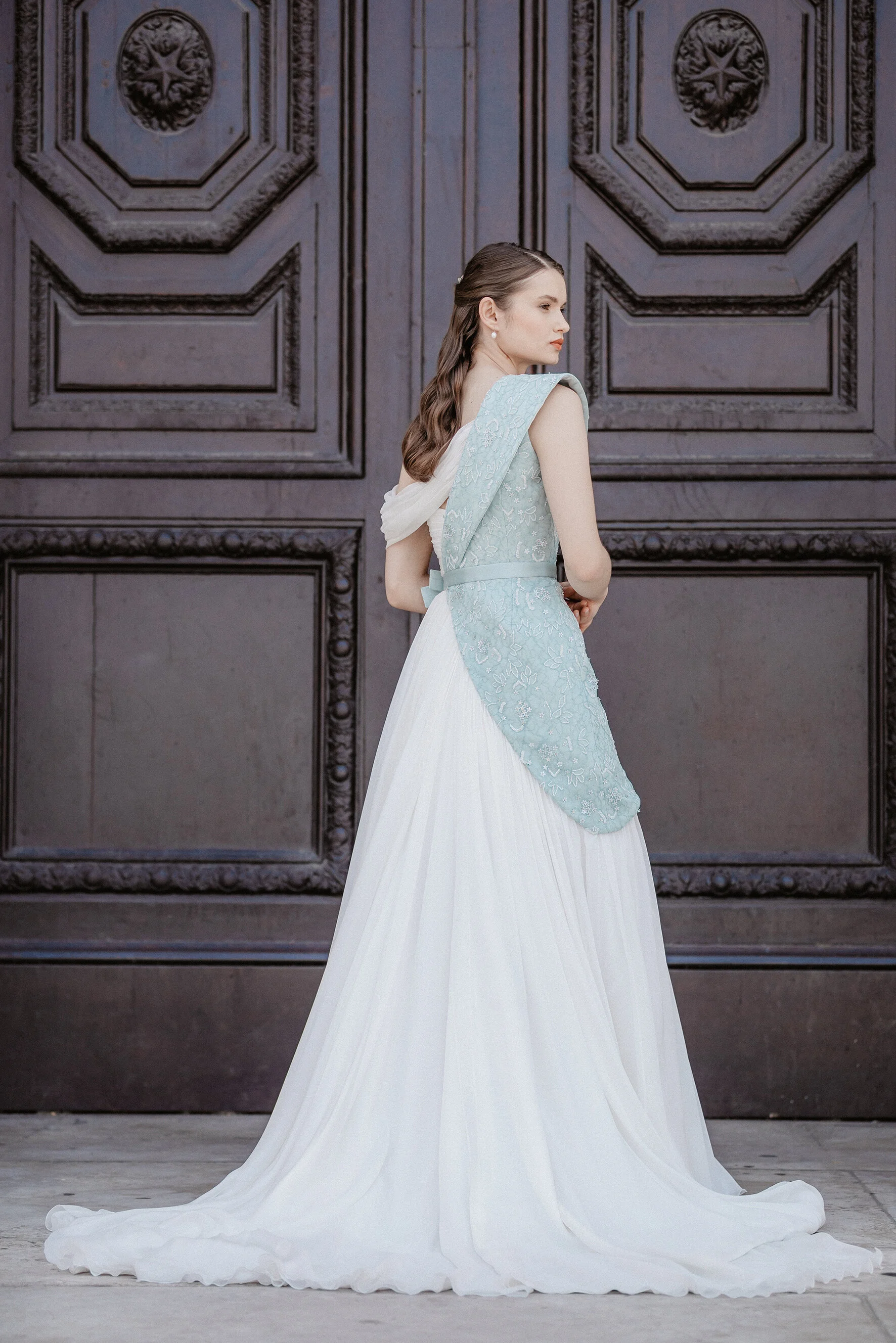 RASPAIL, asymmetrical and contrasting Haute-Coutre dress — DOCQUIN
